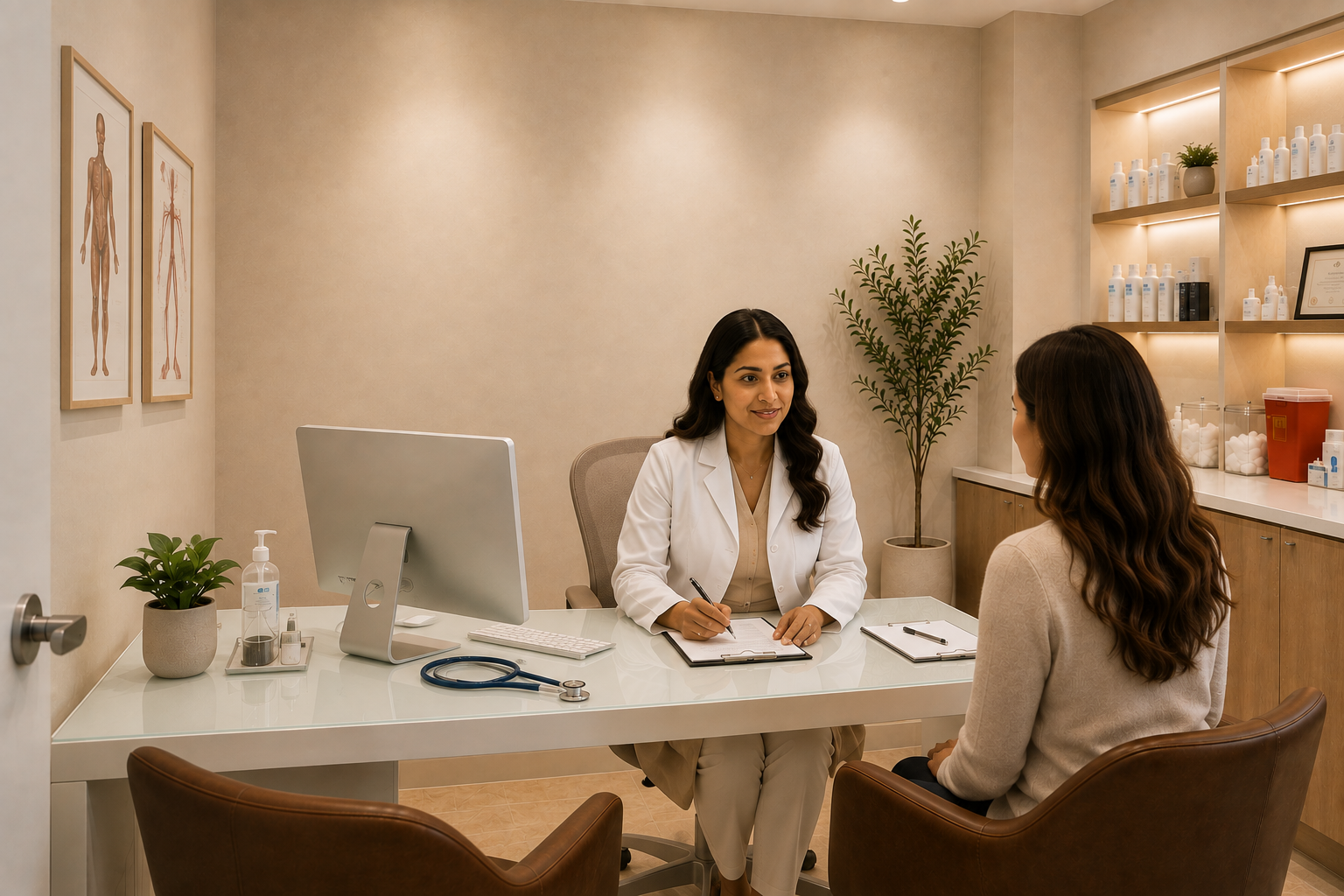 Physician in a white coat consulting with a patient in a warm CurAge Santé consultation room