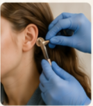 Healthcare professional performing an ear examination and cleaning while wearing blue gloves