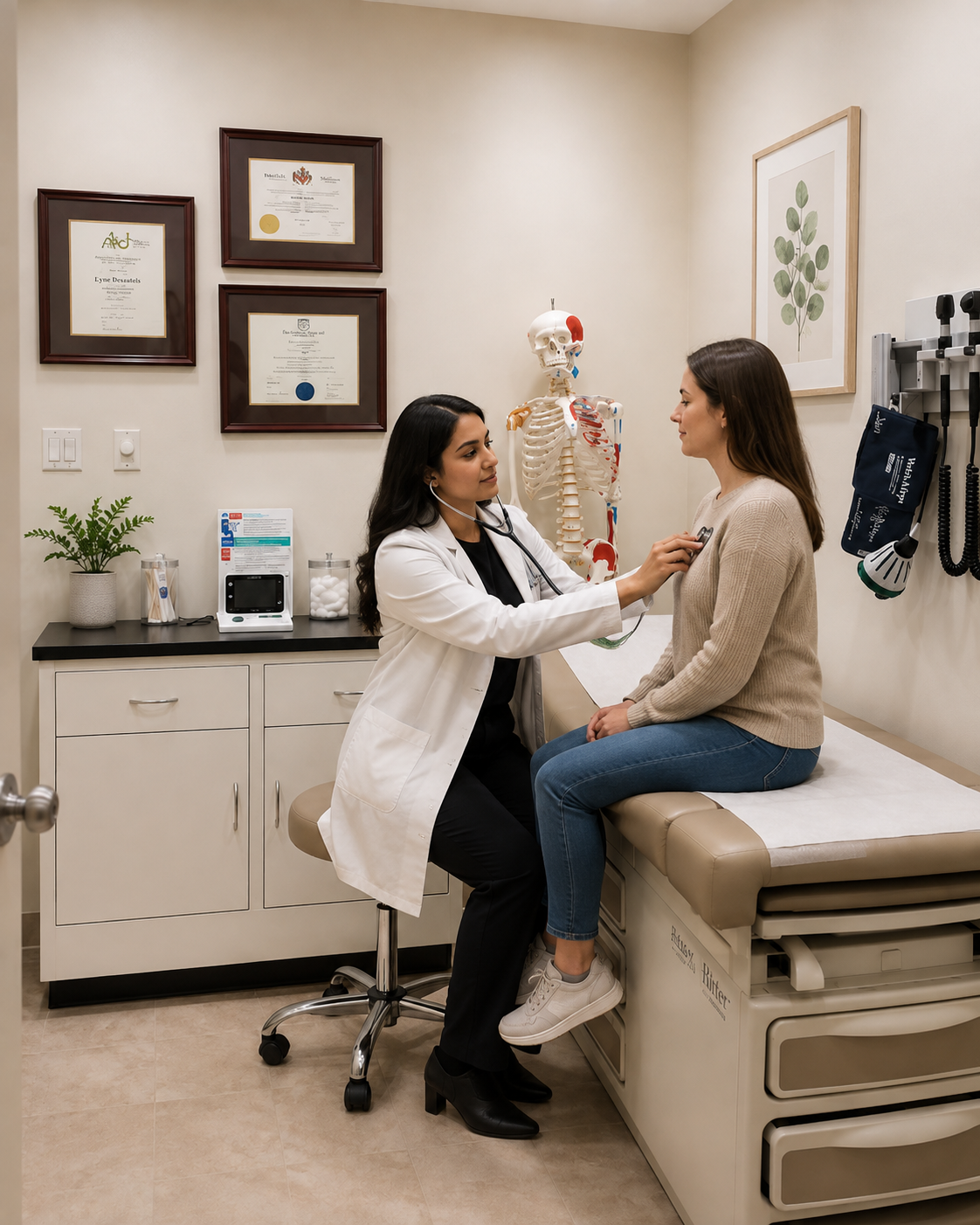 Physician listening to a patient's heart with a stethoscope during an examination at CurAge Santé
