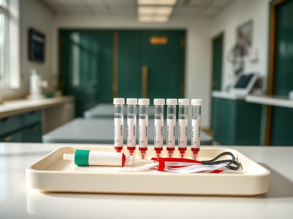 Blood collection tubes and supplies prepared on a tray in a clinic