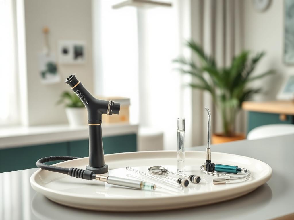 Ear examination and cleaning instruments prepared in a clinic room