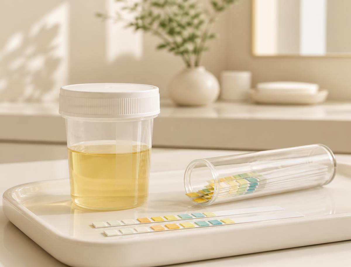 Urine sample container and test strips on a clean clinic tray