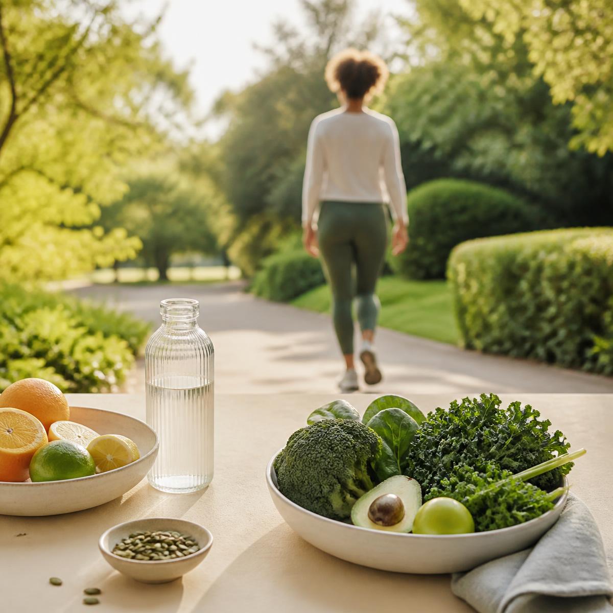 Fresh whole foods and water on a table with a person walking outdoors